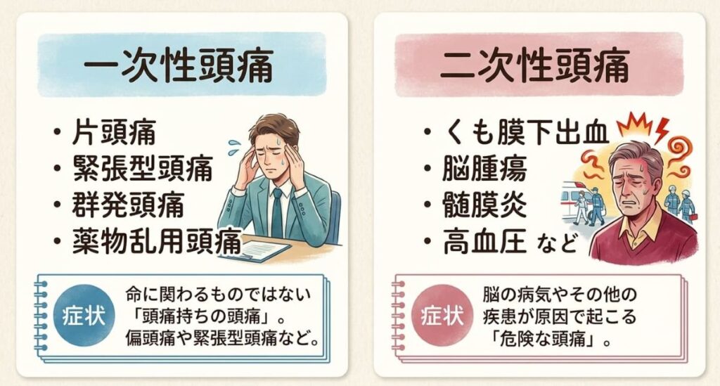 【一次性頭痛（青パネル）】
・片頭痛
・緊張型頭痛
・群発頭痛
・薬物乱用頭痛
（こめかみを押さえてデスクで苦しむスーツの男性のイラスト）
症状：命に関わるものではない「頭痛持ちの頭痛」。偏頭痛や緊張型頭痛など。

【二次性頭痛（赤パネル）】
・くも膜下出血
・脳腫瘍
・髄膜炎
・高血圧 など
（激しい痛みに苦しむ年配の男性と救急車のイラスト）
症状：脳の病気やその他の疾患が原因で起こる「危険な頭痛」。